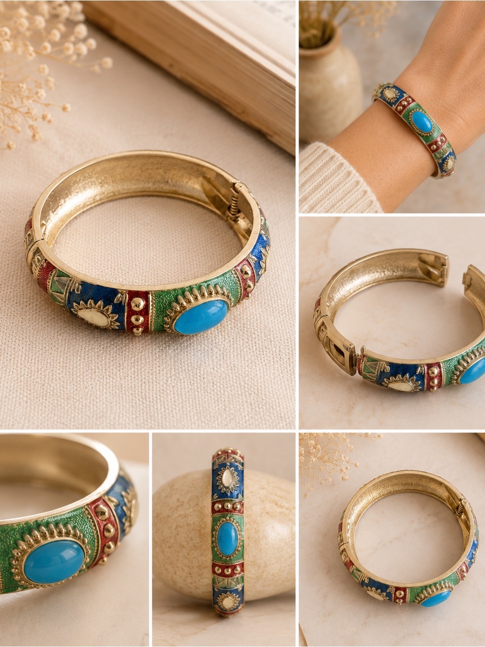 Source Unknown Gold-Tone Multicolor Enamel Bracelet with Turquoise Accent